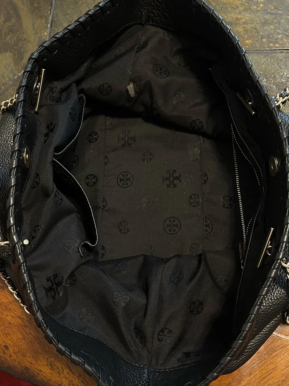 Tory Burch Black Pebbled Leather Chain-Handle Tote